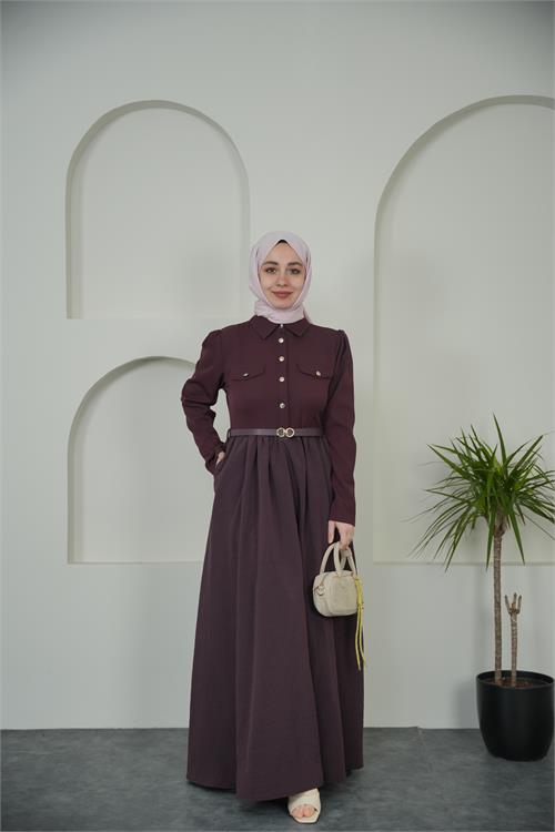 Neşeli butik kadın bordo gömlek yaka düğmeli kemer detaylı tesettür elbise NBVQ4652 