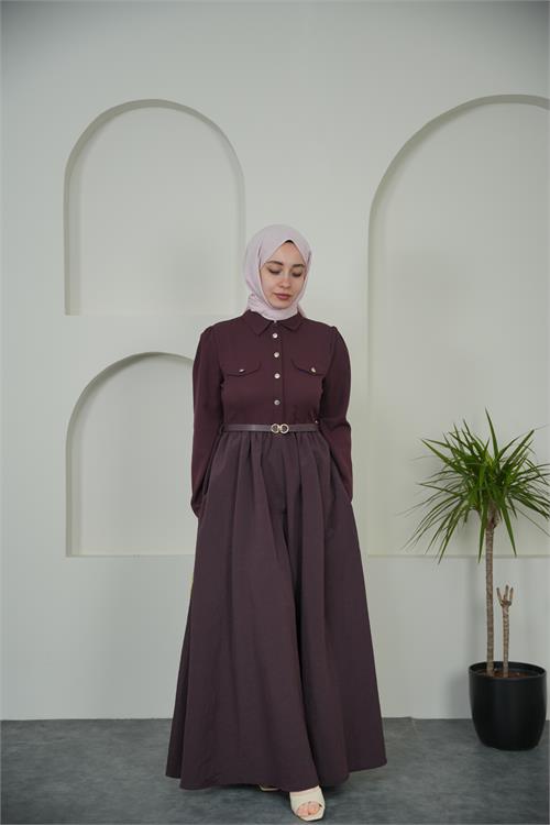 Neşeli butik kadın bordo gömlek yaka düğmeli kemer detaylı tesettür elbise NBVQ4652 