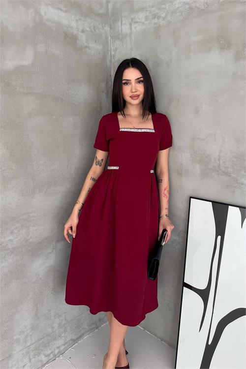 Neşeli butik kadın bordo kare yaka taş detaylı etek drapeli midi boy elbise ---- NBK4621 