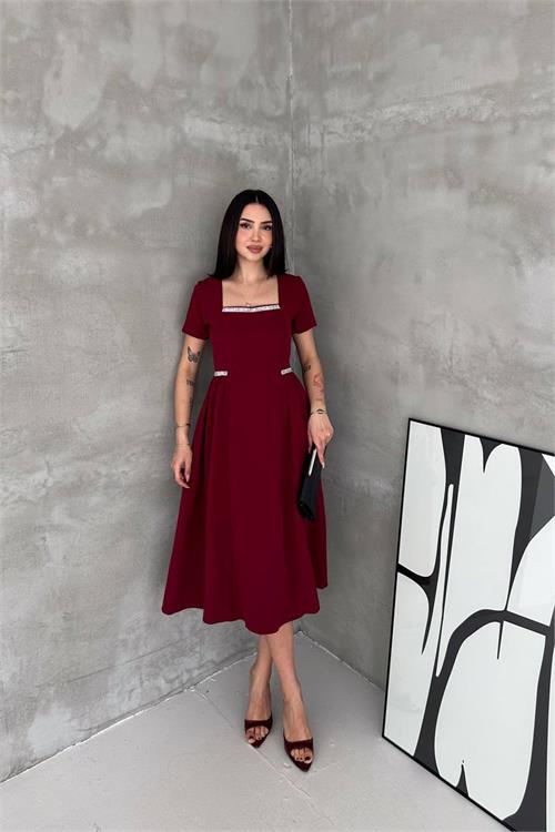 Neşeli butik kadın bordo kare yaka taş detaylı etek drapeli midi boy elbise ---- NBK4621 
