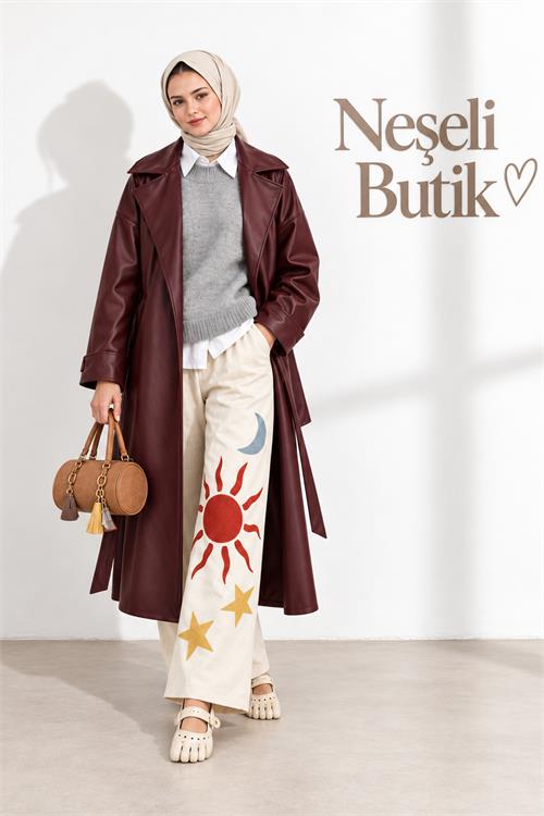 Neşeli butik kadın bordo kol detaylı tam boy suni deri kuşaklı premium trençkot NBELV01 