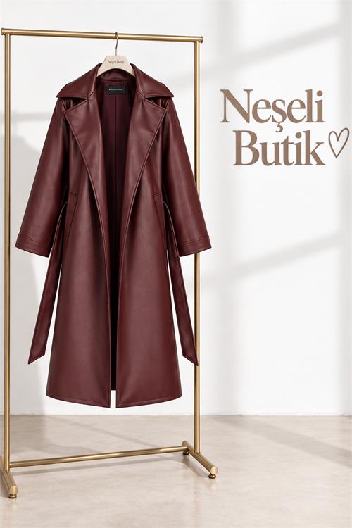 Neşeli butik kadın bordo kol detaylı tam boy suni deri kuşaklı premium trençkot NBELV01 