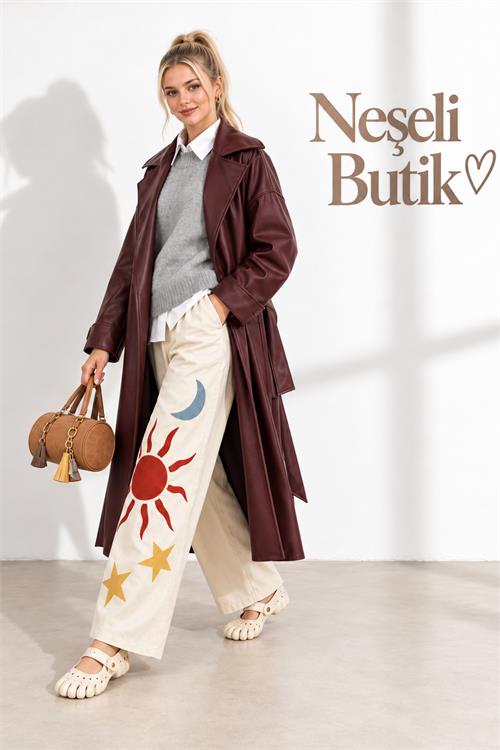 Neşeli butik kadın bordo kol detaylı tam boy suni deri kuşaklı premium trençkot NBELV01 