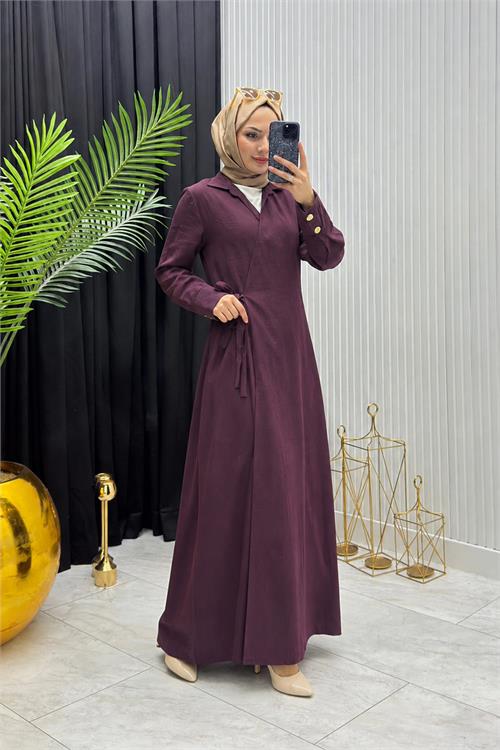 Neşeli butik kadın bordo kol düğme detaylı beğlamalı tesettür ferace elbise --- NMS097 