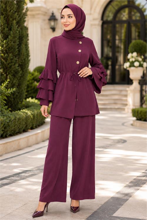 Neşeli butik kadın bordo kol fırıfırlı düğme detaylı ikili tesettür takım NBTKM02 