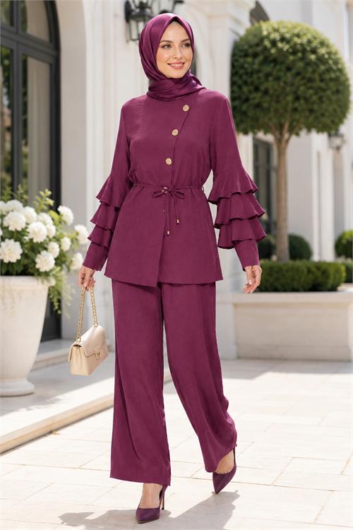 Neşeli butik kadın bordo kol fırıfırlı düğme detaylı ikili tesettür takım NBTKM02 