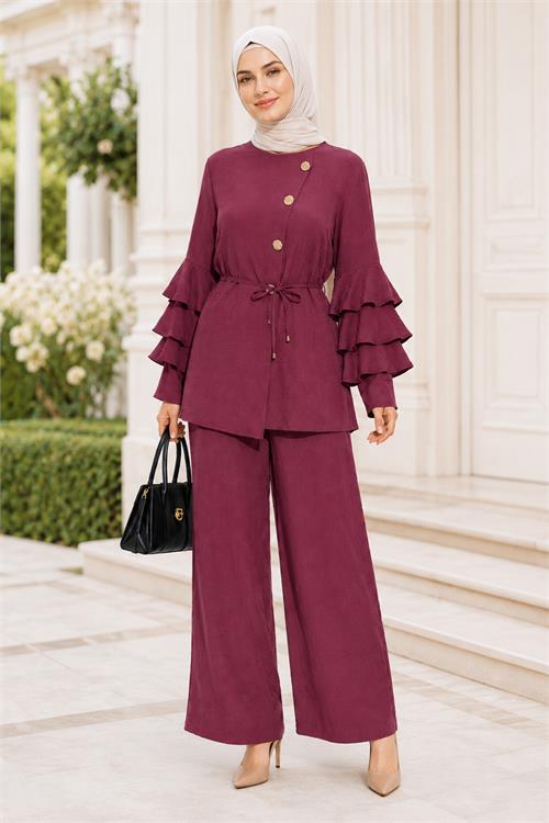 Neşeli butik kadın bordo kol fırıfırlı düğme detaylı ikili tesettür takım NBTKM02 