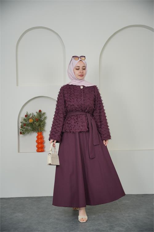 Neşeli butik kadın bordo püskül kumaş bağlama detaylı etekli tesettür takım ---- NBVQ3144 