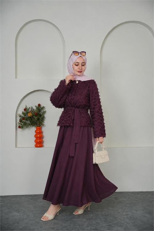 Neşeli butik kadın bordo püskül kumaş bağlama detaylı etekli tesettür takım ---- NBVQ3144 