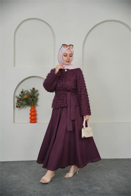 Neşeli butik kadın bordo püskül kumaş bağlama detaylı etekli tesettür takım ---- NBVQ3144 