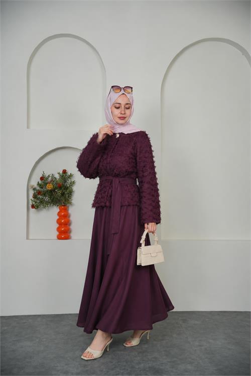 Neşeli butik kadın bordo püskül kumaş bağlama detaylı etekli tesettür takım ---- NBVQ3144 