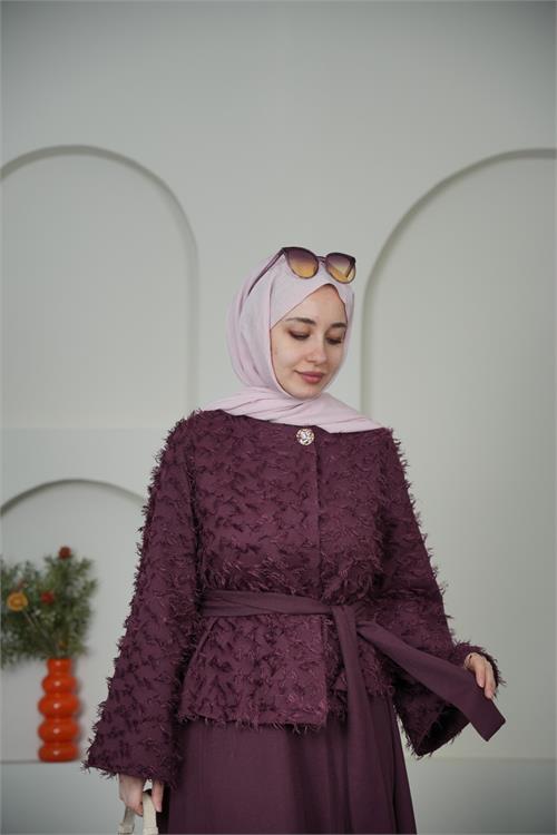 Neşeli butik kadın bordo püskül kumaş bağlama detaylı etekli tesettür takım ---- NBVQ3144 