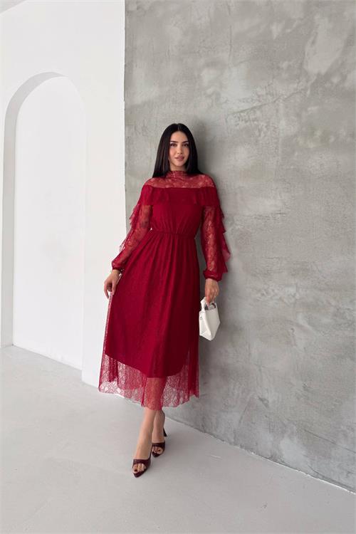 Neşeli butik kadın bordo transparan dantel detaylı tül midi elbise --- NBK4571 