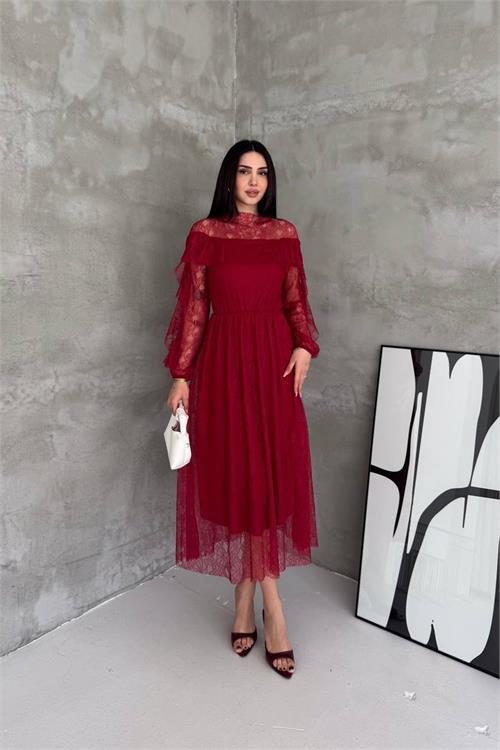 Neşeli butik kadın bordo transparan dantel detaylı tül midi elbise --- NBK4571 