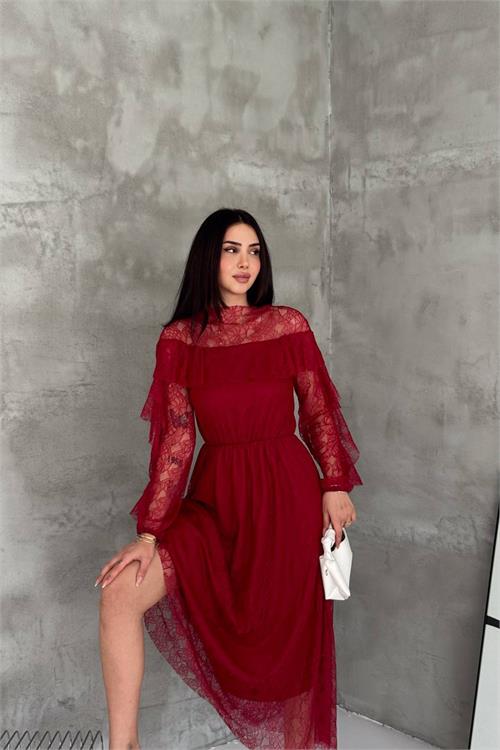Neşeli butik kadın bordo transparan dantel detaylı tül midi elbise --- NBK4571 