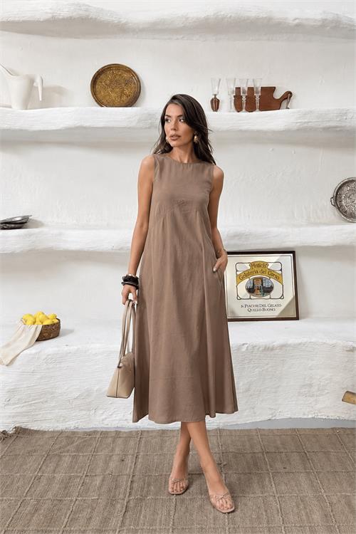 Neşeli butik kadın camel cep detaylı kolsuz oversize yazlık elbise NBNP038 