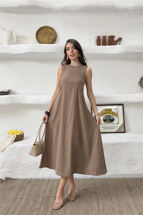 Neşeli butik kadın camel cep detaylı kolsuz oversize yazlık elbise NBNP038 