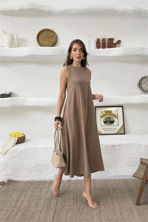 Neşeli butik kadın camel cep detaylı kolsuz oversize yazlık elbise NBNP038 