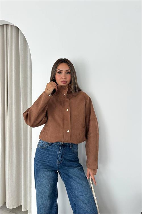 Neşeli butik kadın camel dik yaka çıtçıtlı süet görünümlü bomber ceket NBK010 