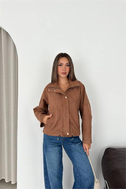 Neşeli butik kadın camel dik yaka çıtçıtlı süet görünümlü bomber ceket NBK010 