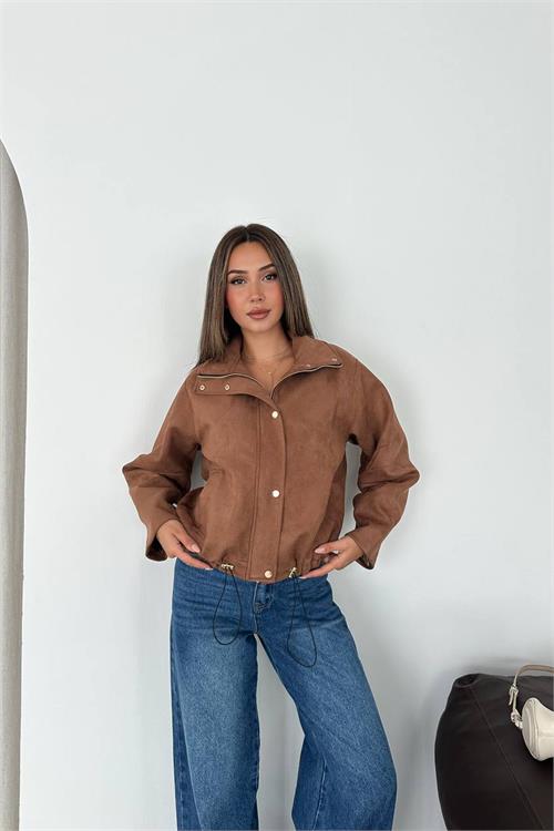 Neşeli butik kadın camel dik yaka çıtçıtlı süet görünümlü bomber ceket NBK010 
