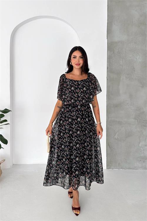 Neşeli butik kadın çok renkli madonna yaka şifon desenli midi boy elbise NBK091 