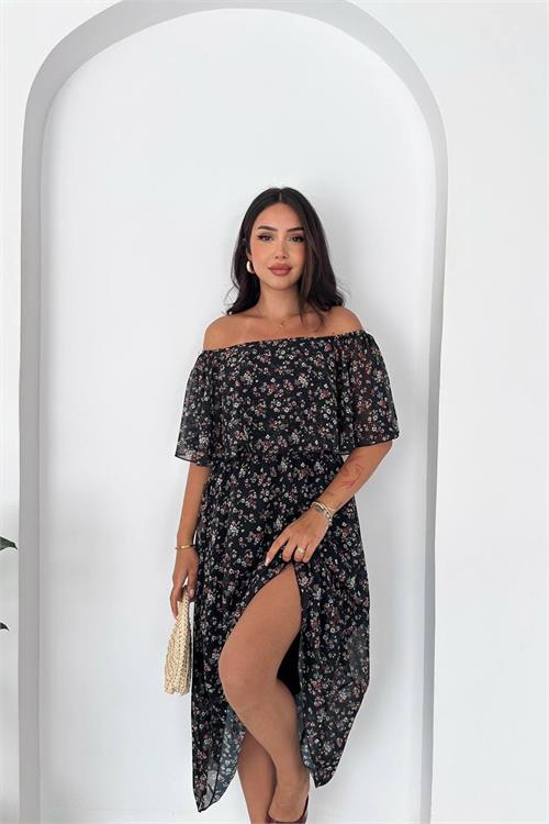 Neşeli butik kadın çok renkli madonna yaka şifon desenli midi boy elbise NBK091 