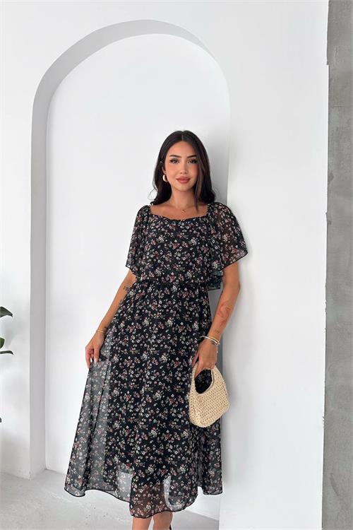 Neşeli butik kadın çok renkli madonna yaka şifon desenli midi boy elbise NBK091 