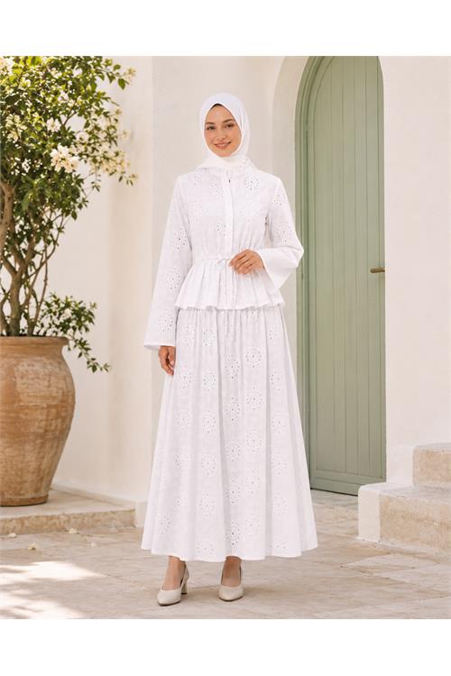 Neşeli butik kadın beyaz brodeli bel lastikli etek bluz tesettür takım NBELB013 