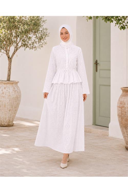 Neşeli butik kadın beyaz brodeli bel lastikli etek bluz tesettür takım NBELB013 