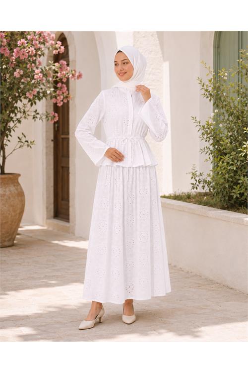 Neşeli butik kadın beyaz brodeli bel lastikli etek bluz tesettür takım NBELB013 