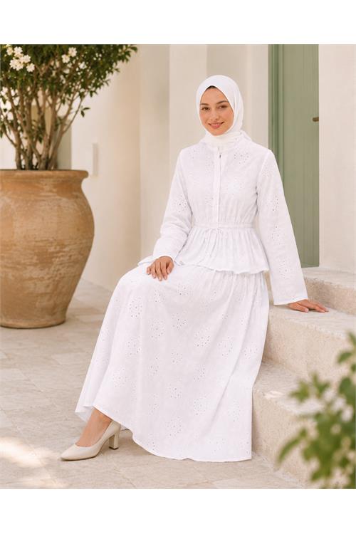 Neşeli butik kadın beyaz brodeli bel lastikli etek bluz tesettür takım NBELB013 