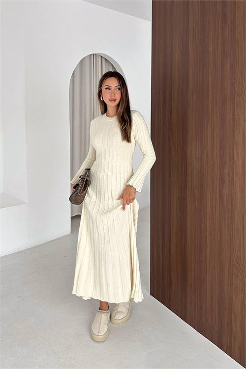 Neşeli butik kadın ekru fitilli triko tam boy standart beden arka bağlamalı elbise NBK2585 