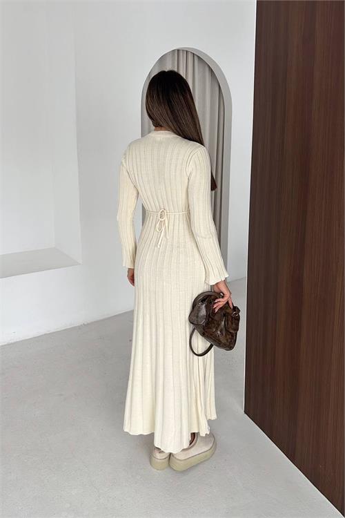 Neşeli butik kadın ekru fitilli triko tam boy standart beden arka bağlamalı elbise NBK2585 
