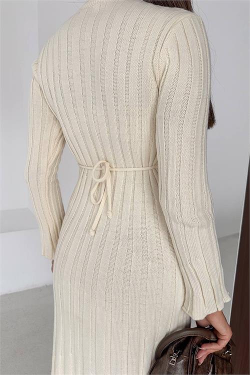 Neşeli butik kadın ekru fitilli triko tam boy standart beden arka bağlamalı elbise NBK2585 