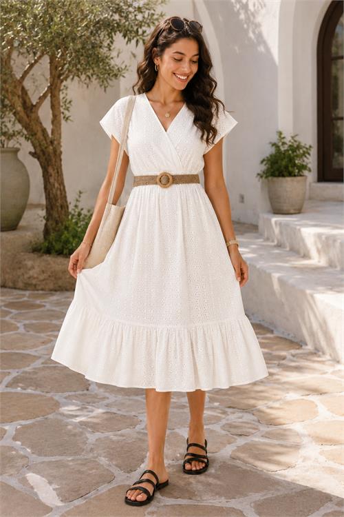 Neşeli butik kadın ekru kruvaze yaka hasır kemerli midi boy brodeli elbise NBELB11 