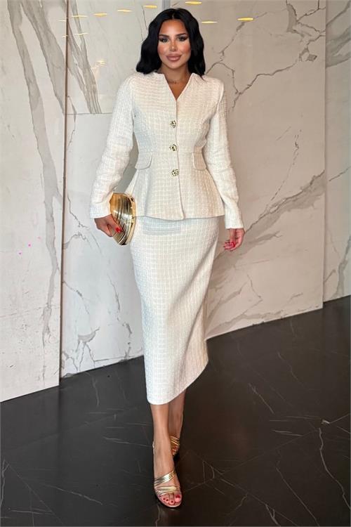 Neşeli butik kadın ekru tüvit kumaş peplum ceket kalem etek ikili takım NBSTR1012 