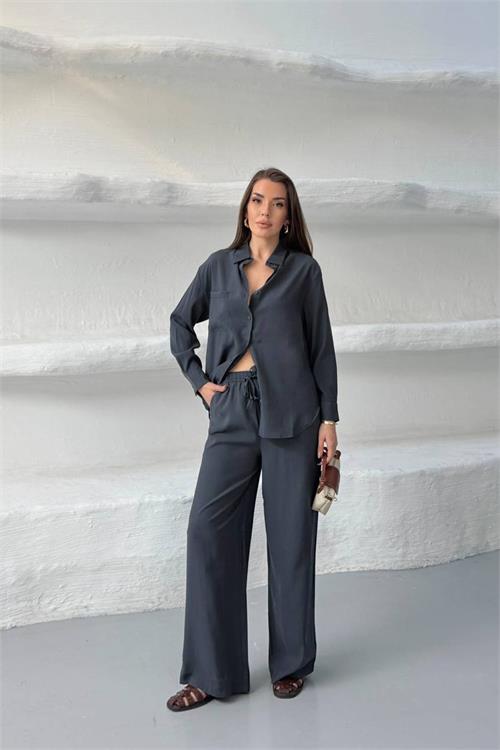 Neşeli butik kadın gri tensel kumaş oversize gömlek pantolon ikili takım NBNP037 