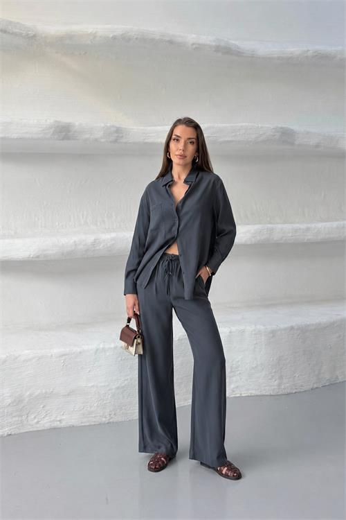 Neşeli butik kadın gri tensel kumaş oversize gömlek pantolon ikili takım NBNP037 