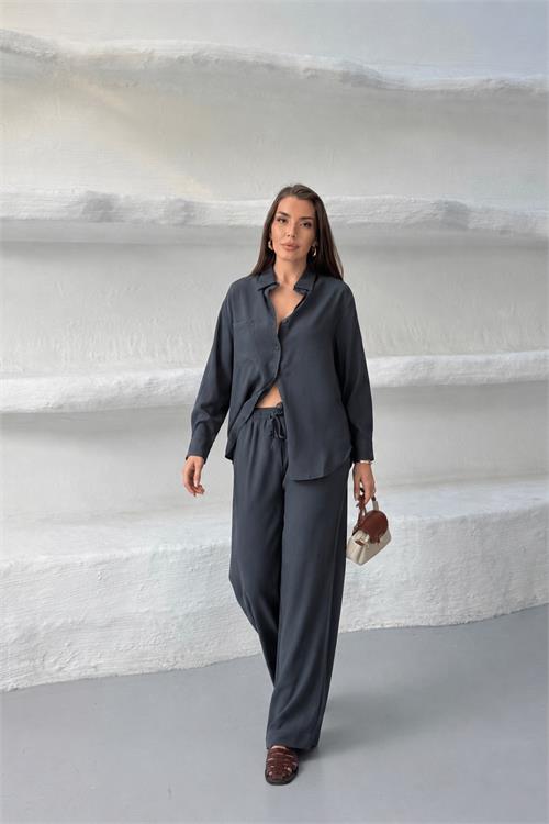 Neşeli butik kadın gri tensel kumaş oversize gömlek pantolon ikili takım NBNP037 