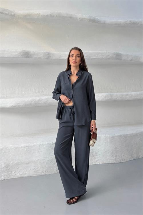 Neşeli butik kadın gri tensel kumaş oversize gömlek pantolon ikili takım NBNP037 