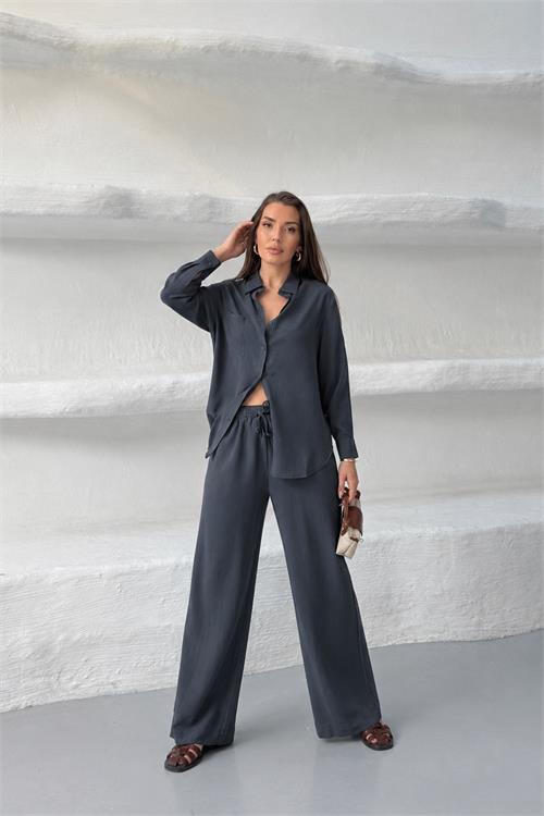 Neşeli butik kadın gri tensel kumaş oversize gömlek pantolon ikili takım NBNP037 