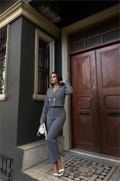 Neşeli butik kadın gri tüvit kumaş gol düğmeli crop ceket pantolon ikili takım NBSTR1028 