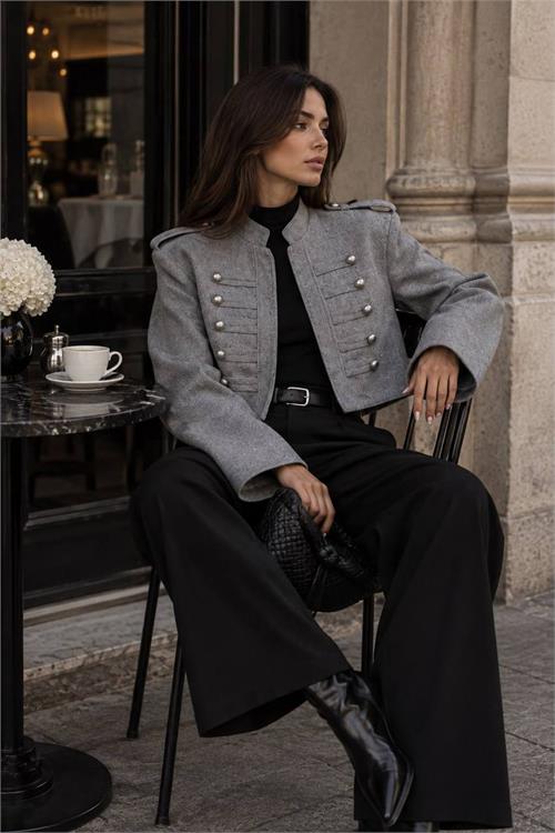 Neşeli butik kadın gri ZR model silver düğmeli kaşe kumaş ceket NBEMP3125 