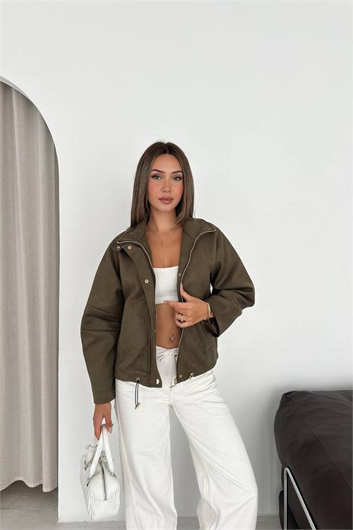 Neşeli butik kadın haki dik yaka çıtçıtlı süet görünümlü bomber ceket NBK010 