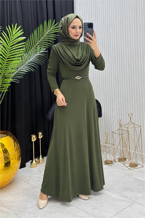 Neşeli butik kadın haki sandy kumaş degaje yaka kemer detaylı tesettür elbise---- NMS096 