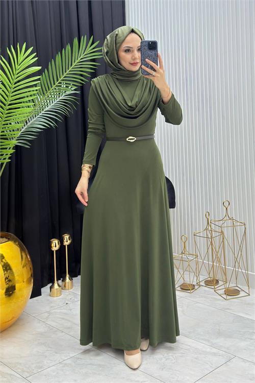 Neşeli butik kadın haki sandy kumaş degaje yaka kemer detaylı tesettür elbise---- NMS096 