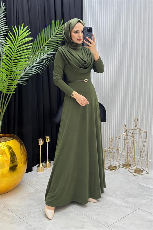 Neşeli butik kadın haki sandy kumaş degaje yaka kemer detaylı tesettür elbise---- NMS096 
