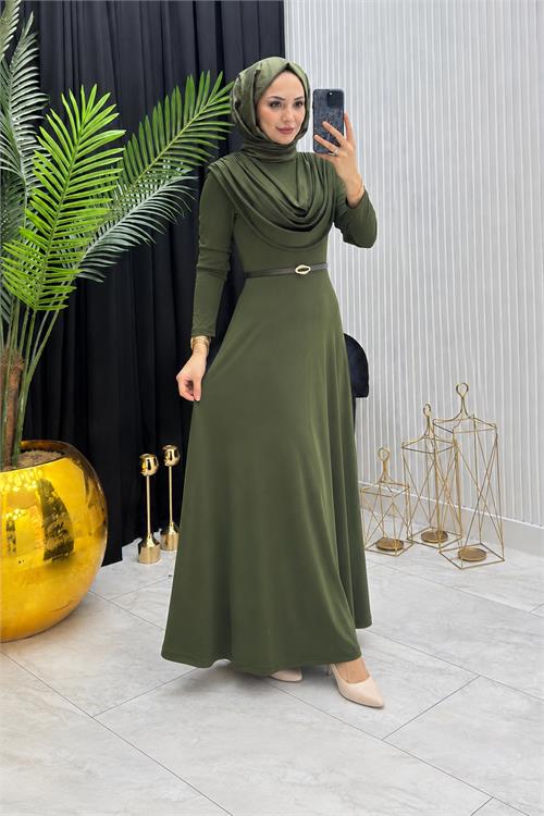 Neşeli butik kadın haki sandy kumaş degaje yaka kemer detaylı tesettür elbise---- NMS096 