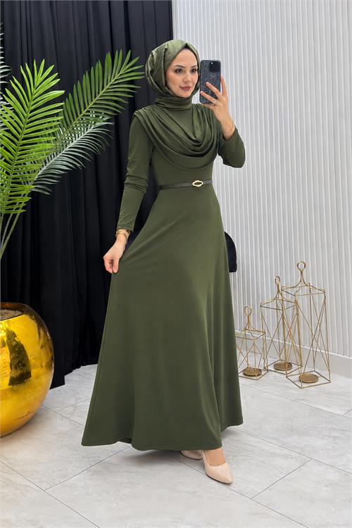 Neşeli butik kadın haki sandy kumaş degaje yaka kemer detaylı tesettür elbise---- NMS096 